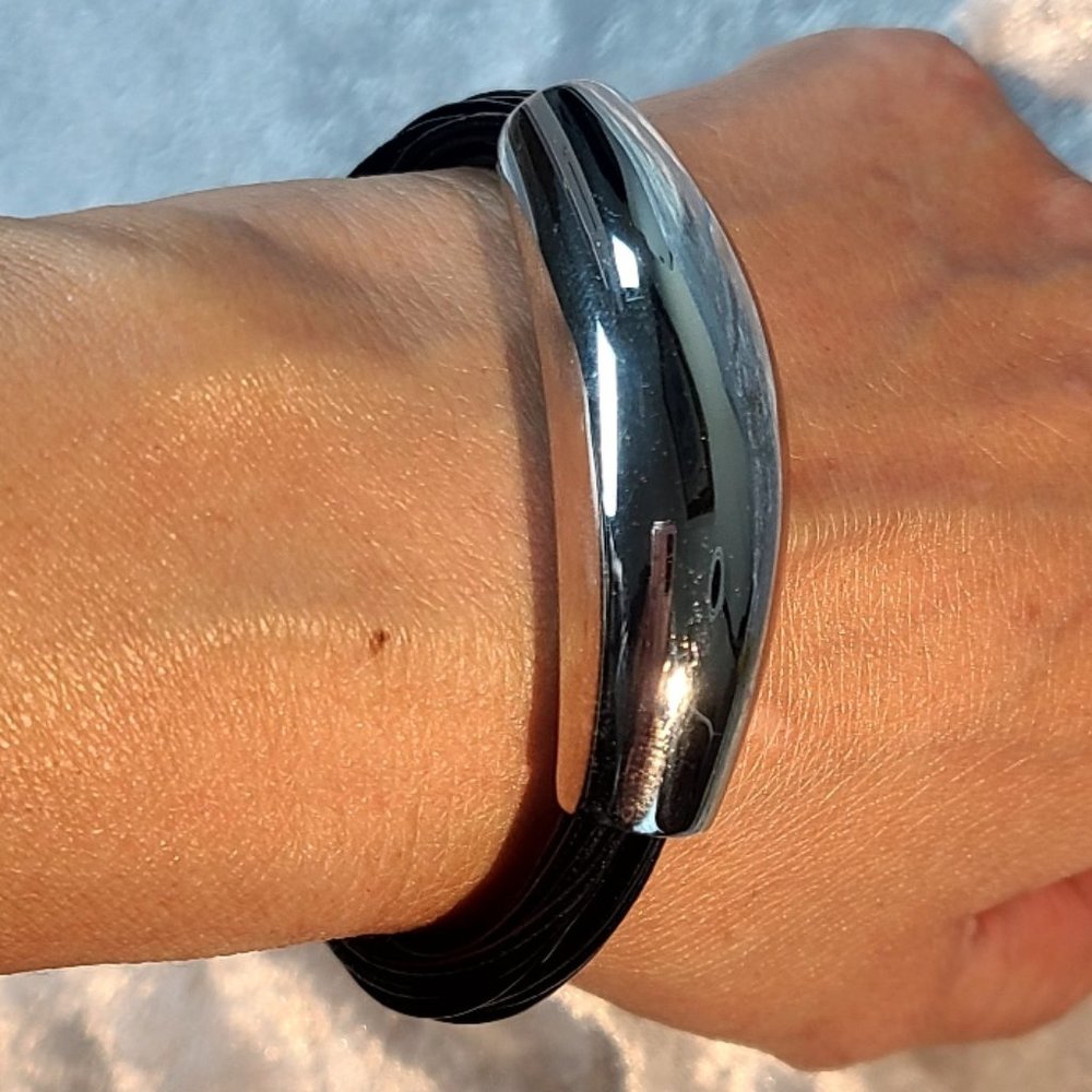 Vintage DSMK stainless steel multi strand leather black bracelet